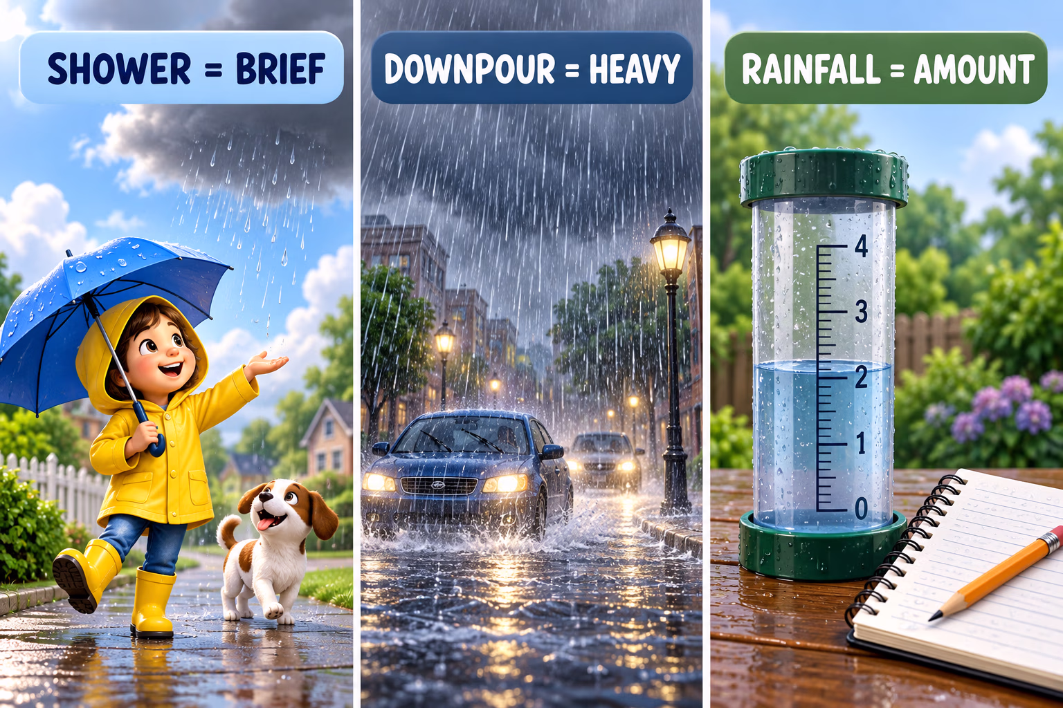 Three weather scenes labeled brief shower, heavy downpour, and rainfall amount measured in a gauge.