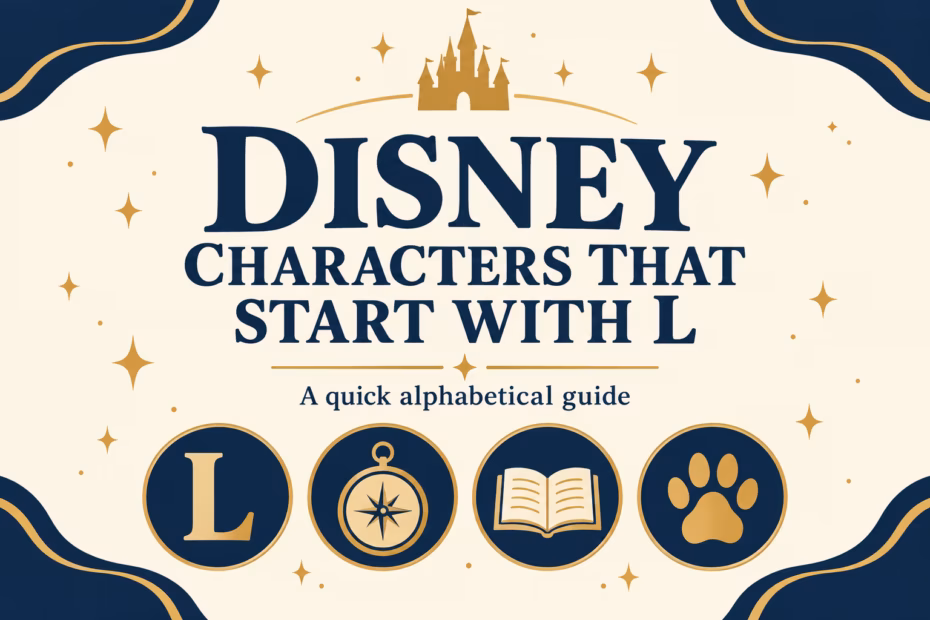 Illustrated guide to Disney character names starting with L, with an L, compass, book, and paw icons.