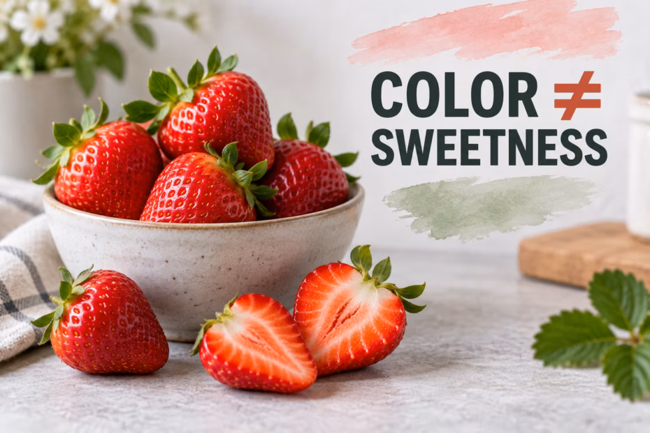 A bowl of red strawberries beside the words color does not equal sweetness