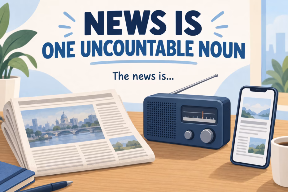 A newspaper, radio, and phone illustrate news as one uncountable noun, with the phrase “The news is.”