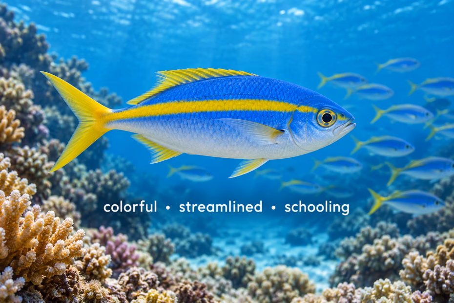 A colorful, streamlined reef fish swims in clear water among other fish.