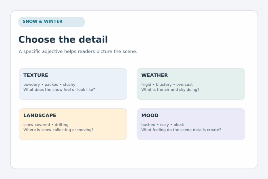 A snow description can focus on texture, weather, landscape, or mood.