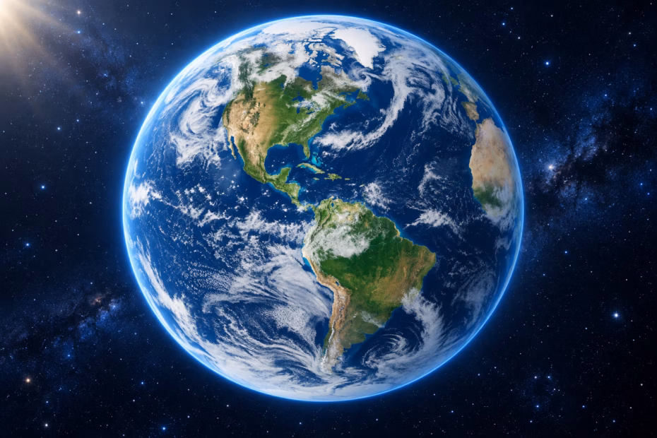 A blue and green Earth with white clouds seen from orbit against deep blue space.
