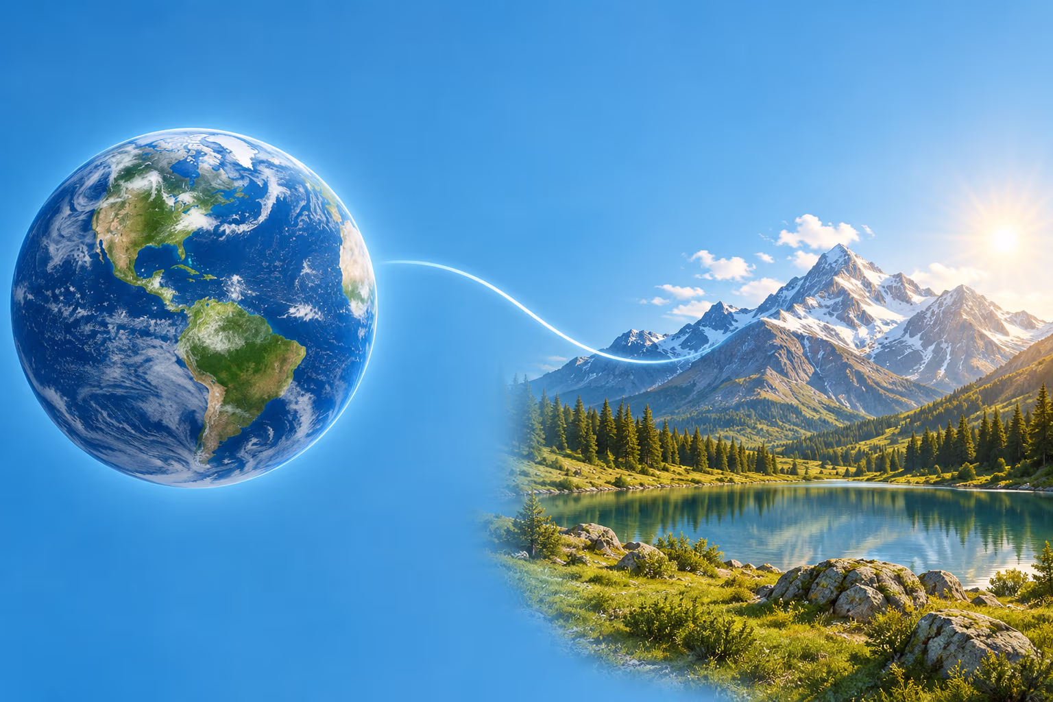 A globe and a sunlit mountain landscape show the two meanings of earth: planet and land.