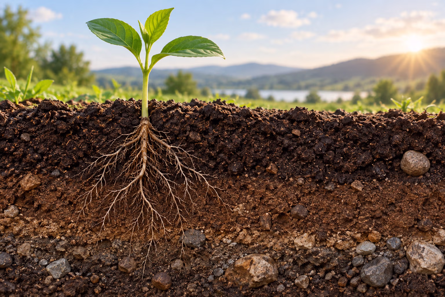 A green seedling grows from a cutaway of rich, dark earth.