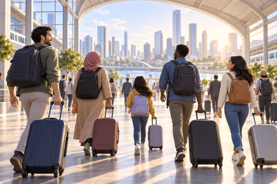 A diverse group of travelers with suitcases arriving at a modern city station.