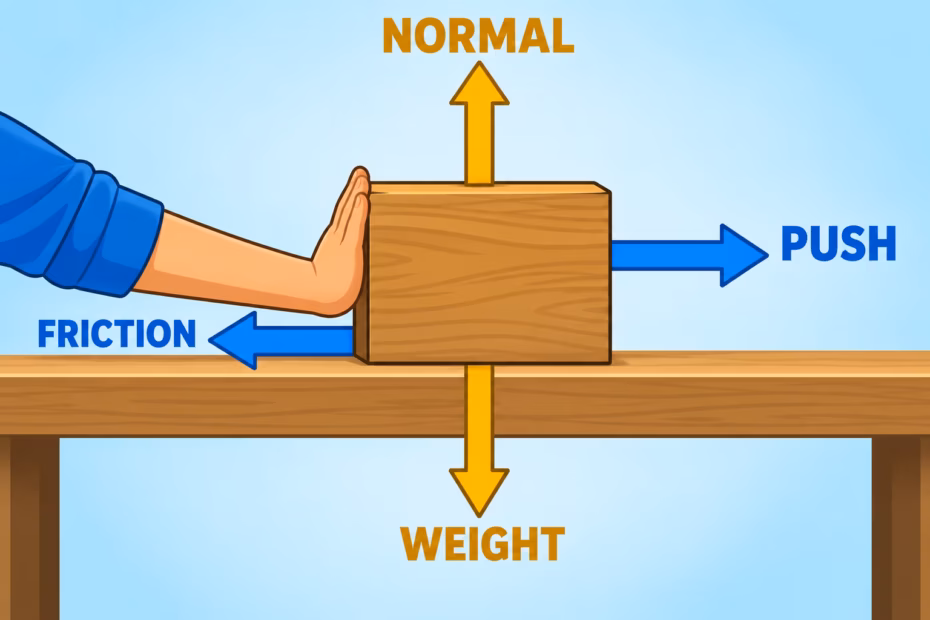 Contact force diagram: a push and friction act horizontally on a block, while normal force and weight act vertically.