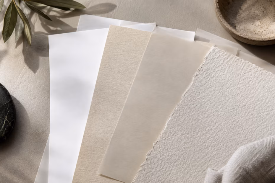 Paper samples show a smooth white sheet, warm-toned laid paper, translucent tracing paper, and textured watercolor stock.