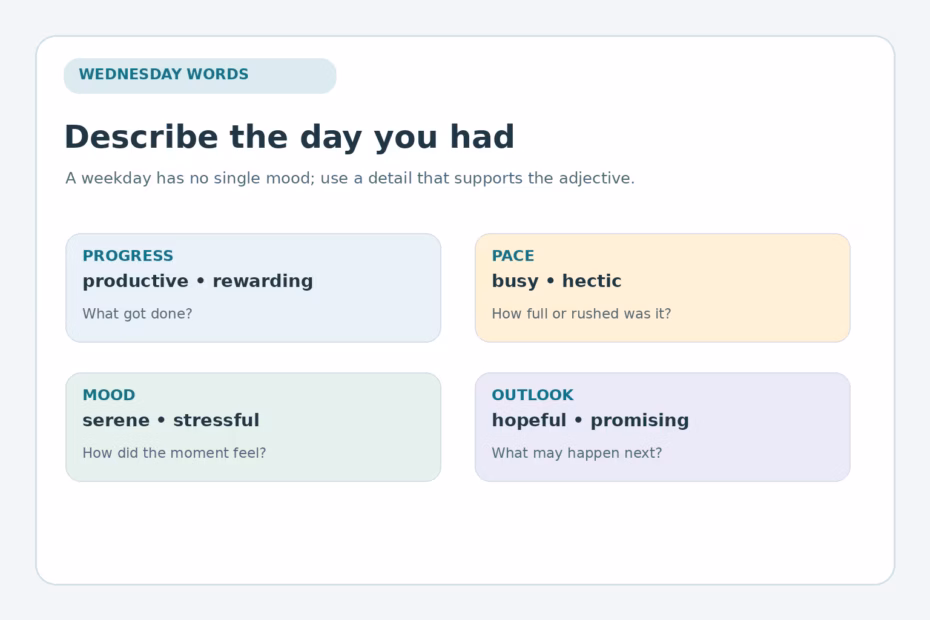 A guide to Wednesday adjectives grouped by mood, pace, and setting: productive, hectic, calm, or hopeful.