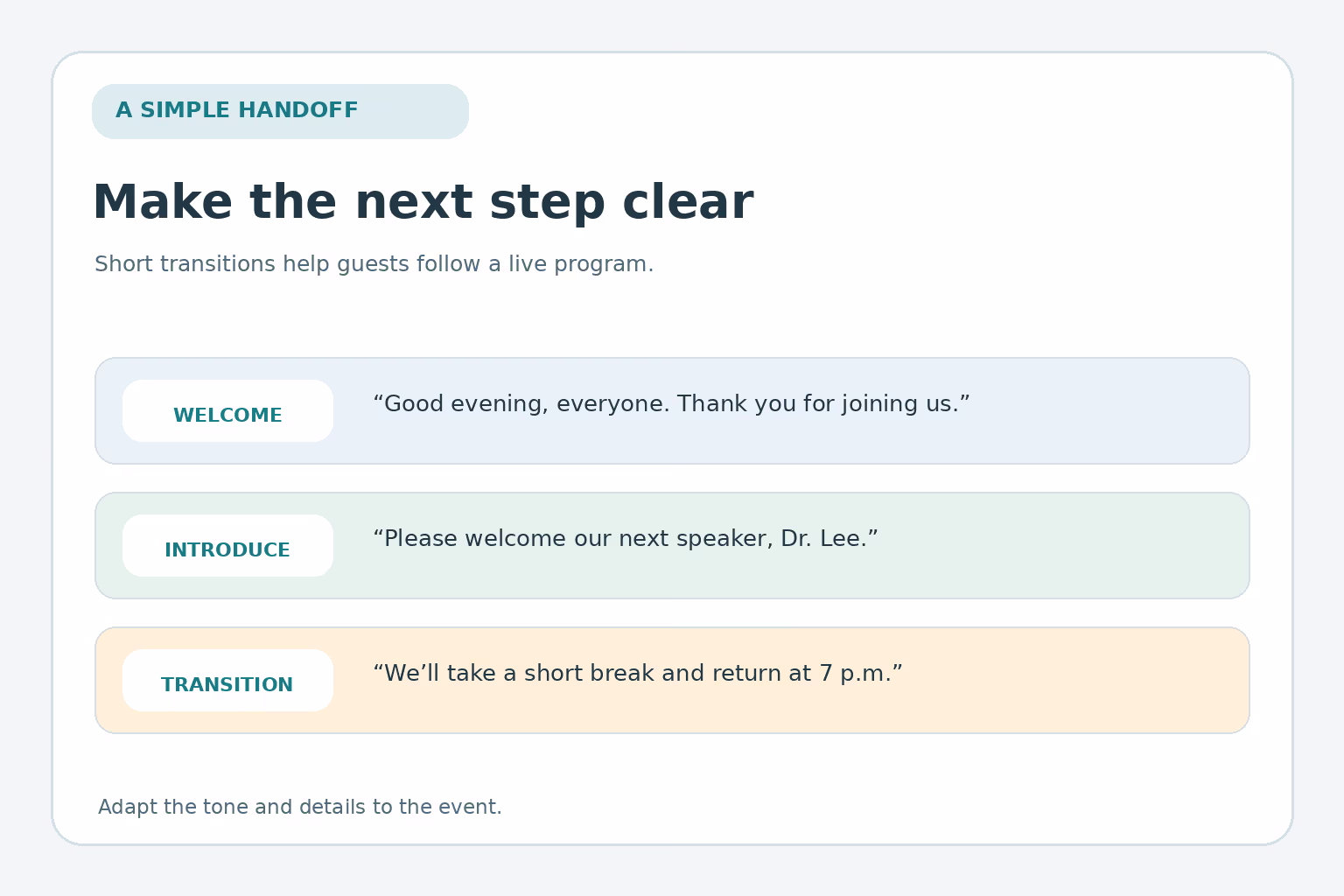 A three-part event script moves from welcoming the audience, to introducing a speaker, to announcing what comes next.
