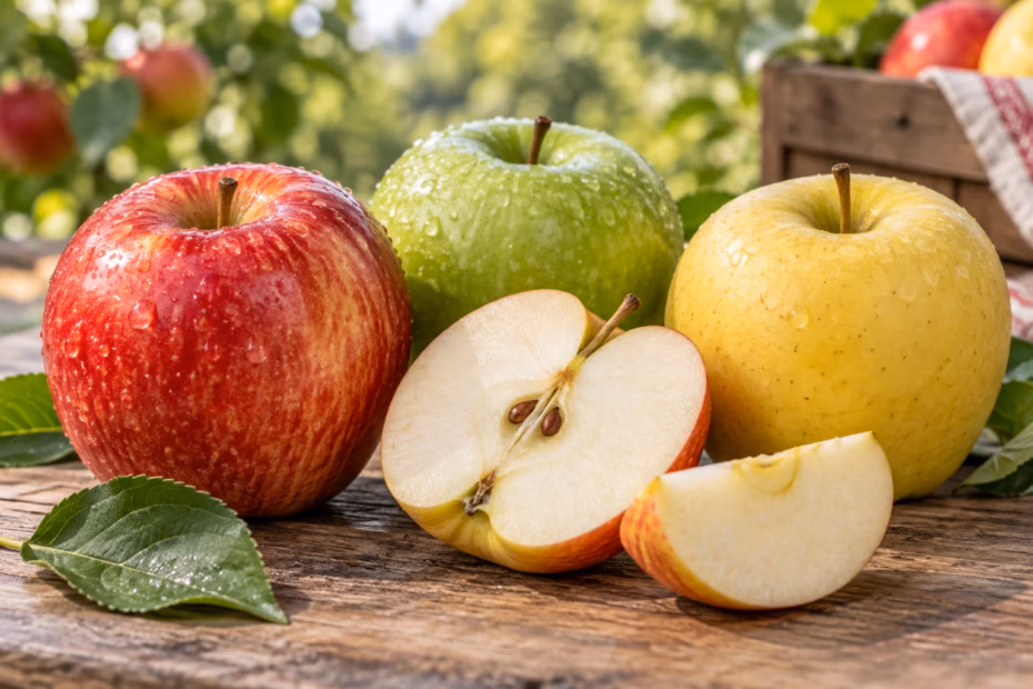 Red, green, and golden apples with a cut apple showing pale crisp flesh