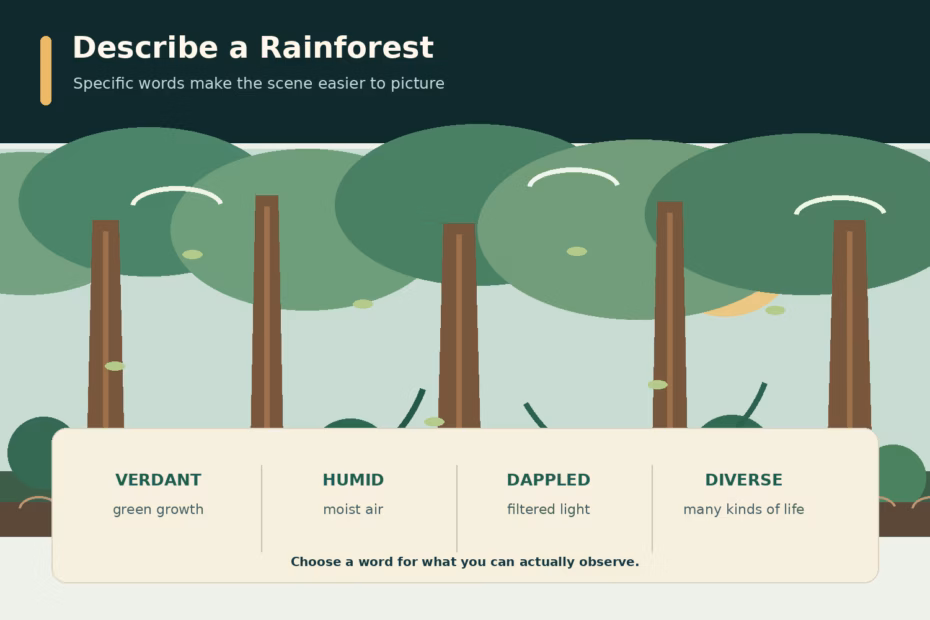 Teaching image: verdant describes green growth, humid describes moisture in air, dappled describes filtered light, and diverse describes variety of life.