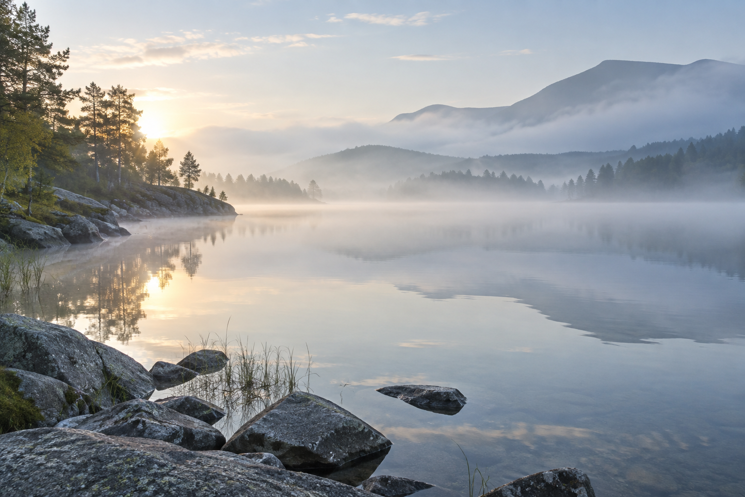 A light veil of mist hovering over a calm lake at sunrise