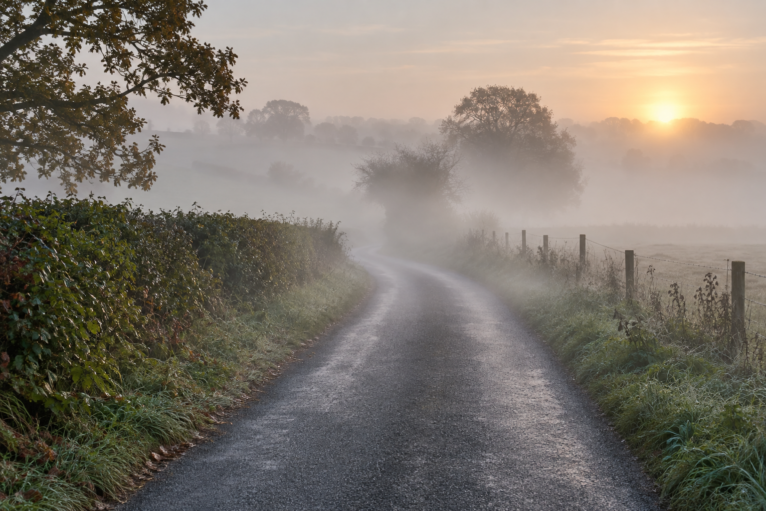 A misty rural lane fading into light dawn fog