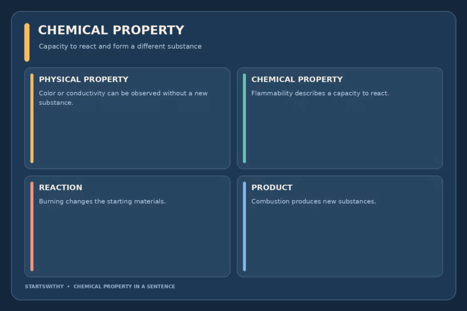 Infographic compares physical properties that can be observed without changing chemical identity with chemical properties shown by reactions, including iron rusting and a substance burning.