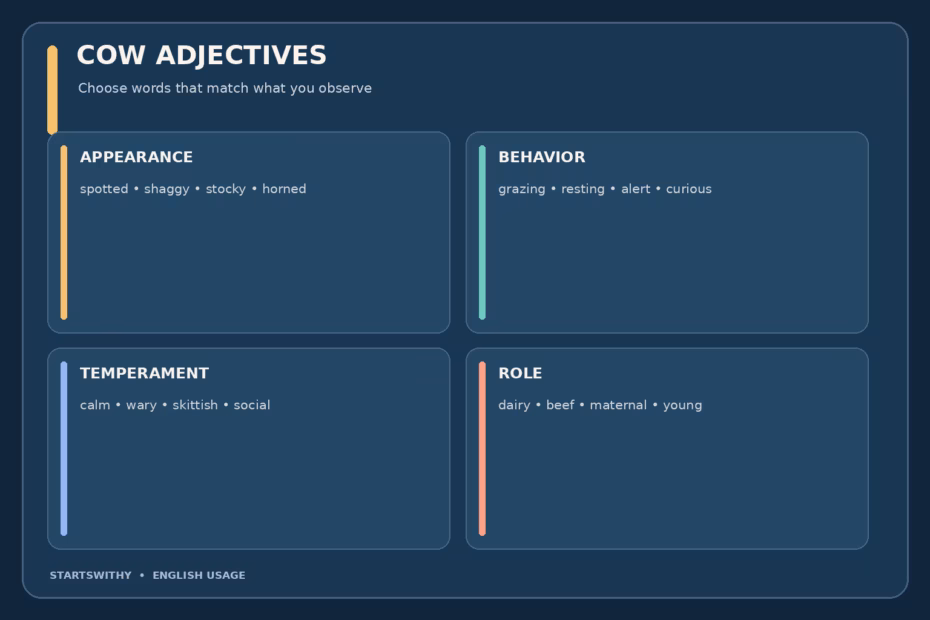 Word map grouping cow adjectives by appearance, behavior, temperament, and role.