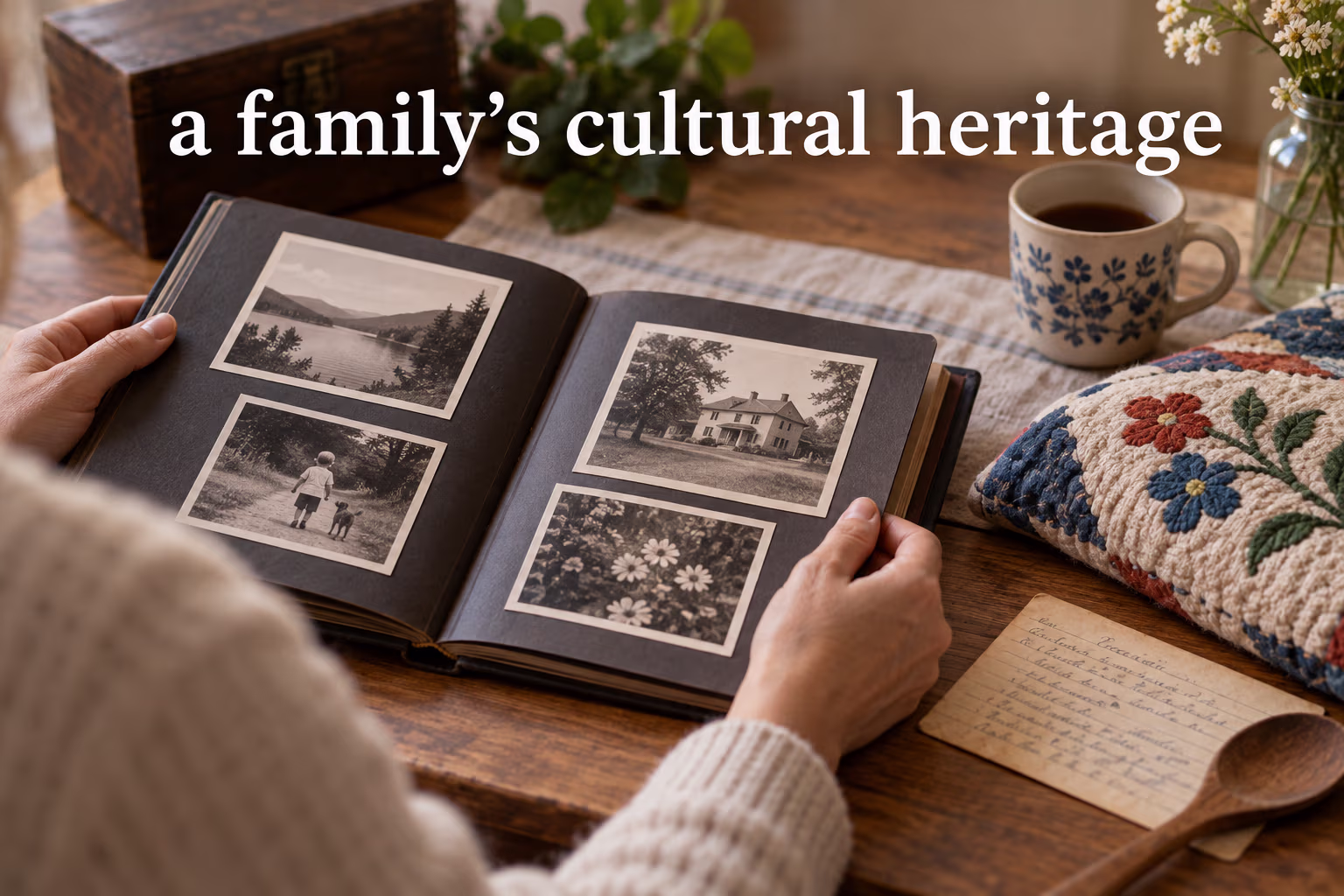 A person looks through a family album and handmade textile while considering cultural heritage