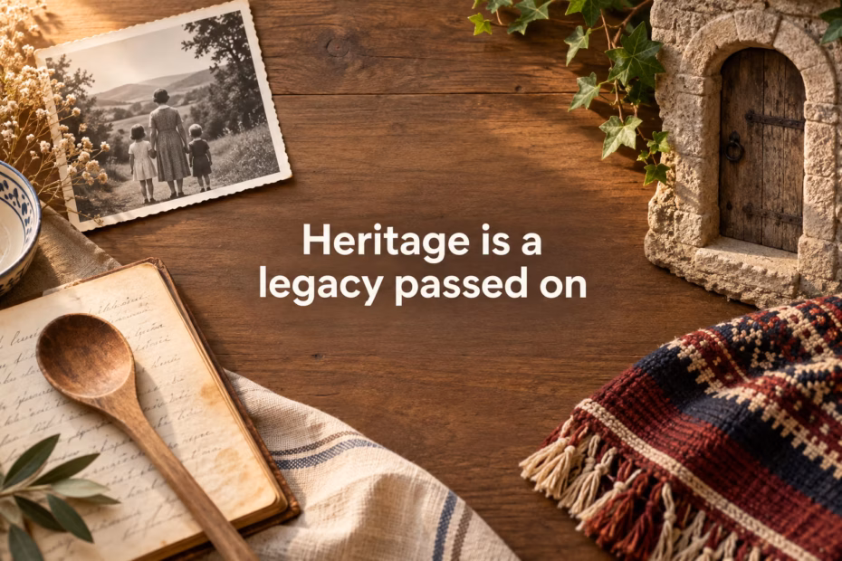 Family photograph, handwritten recipe, and woven textile illustrate heritage as a legacy passed on