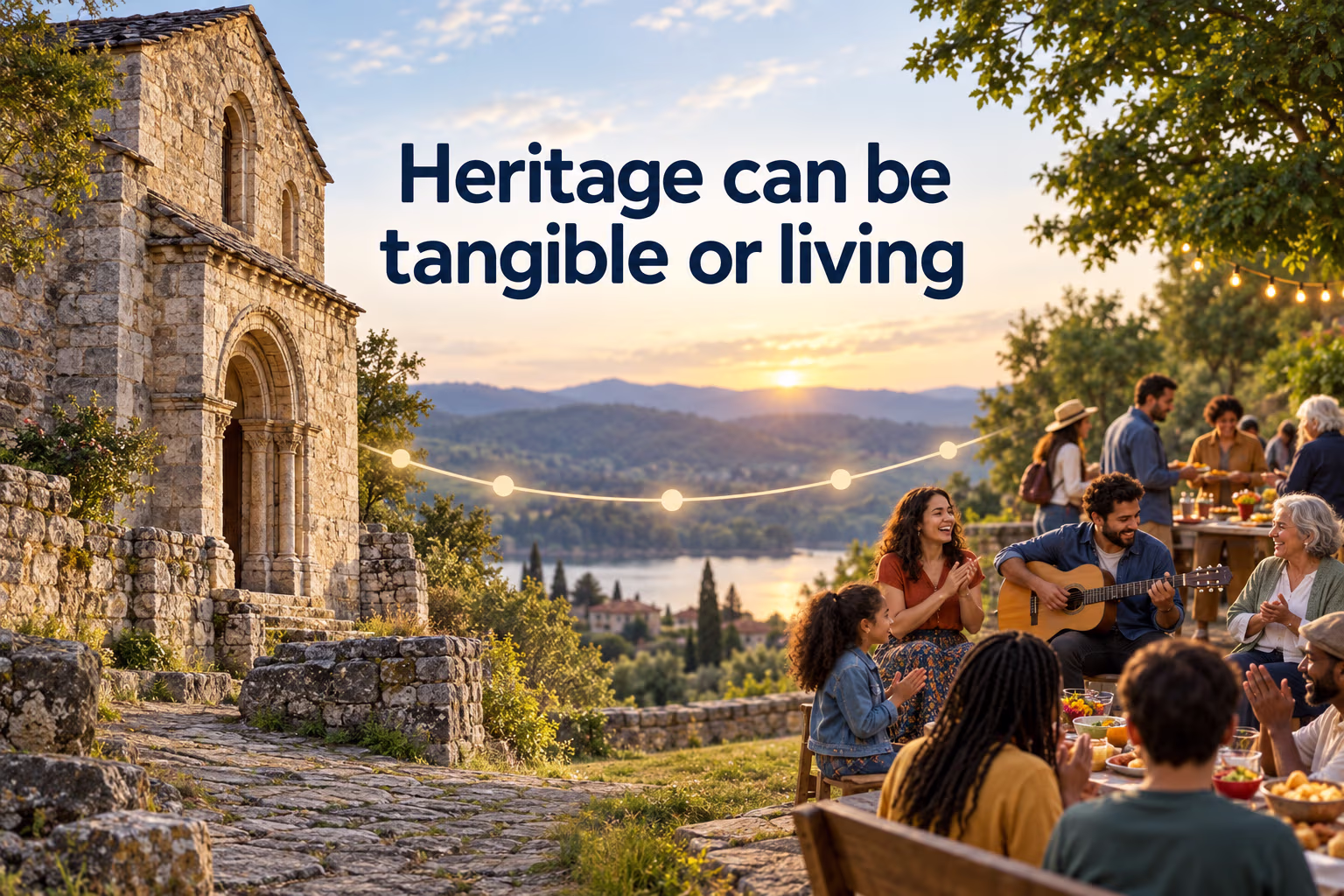 Historic stone building and community gathering illustrate tangible and living heritage