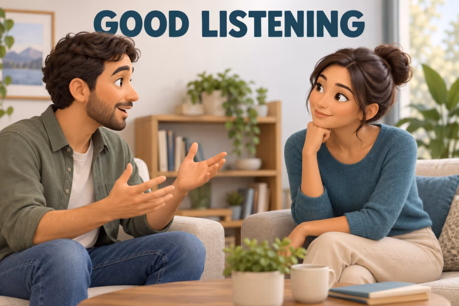 Two adults talk in a quiet room; one speaks while the other listens attentively. Text reads Good Listening.