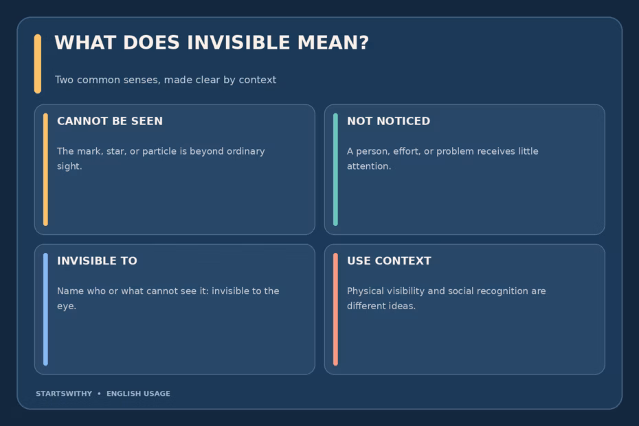 Invisible can mean impossible to see, as with tiny particles, or overlooked, as with an unrecognized contribution.
