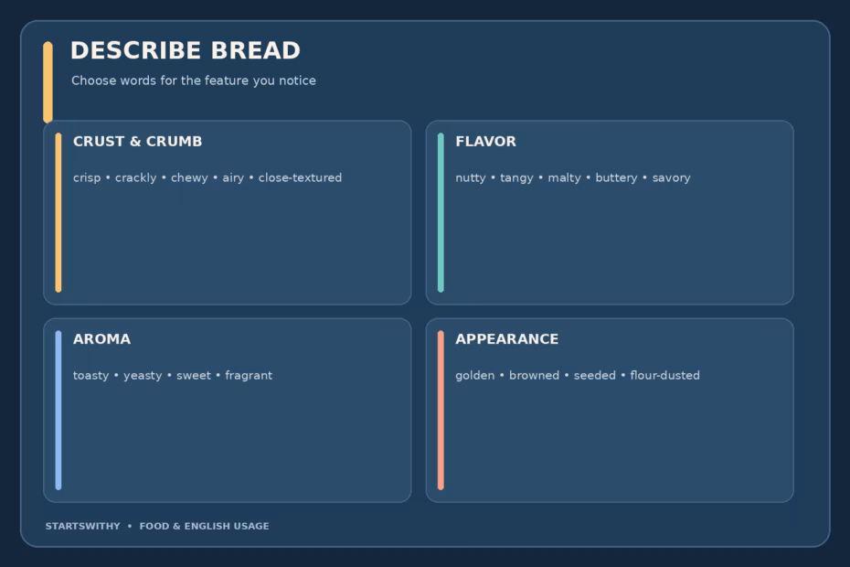 Bread adjectives grouped by crust and crumb texture, flavor, aroma, appearance, and freshness.
