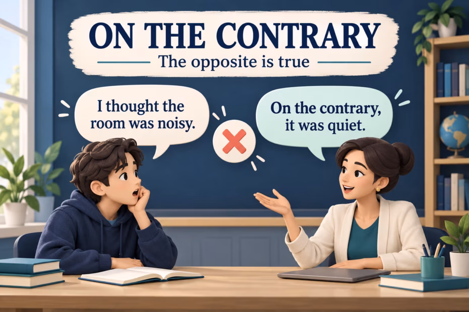 On the contrary means the opposite of what was just suggested; the visual contrasts an assumption with its correction.