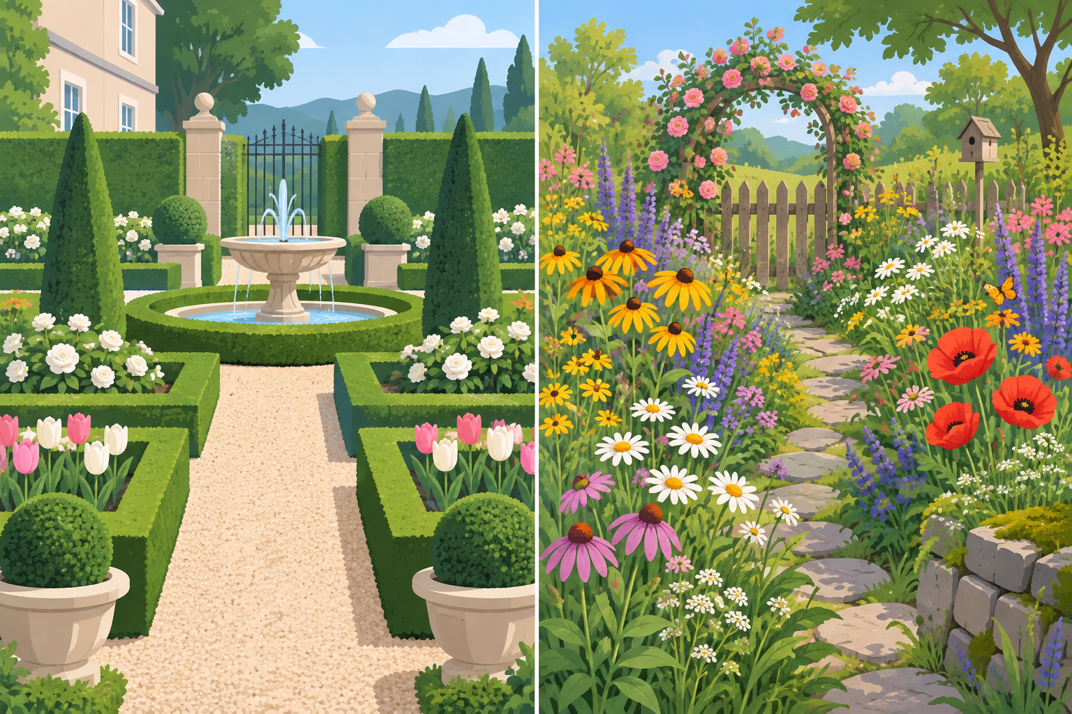 A formal clipped garden beside a colorful wildflower garden