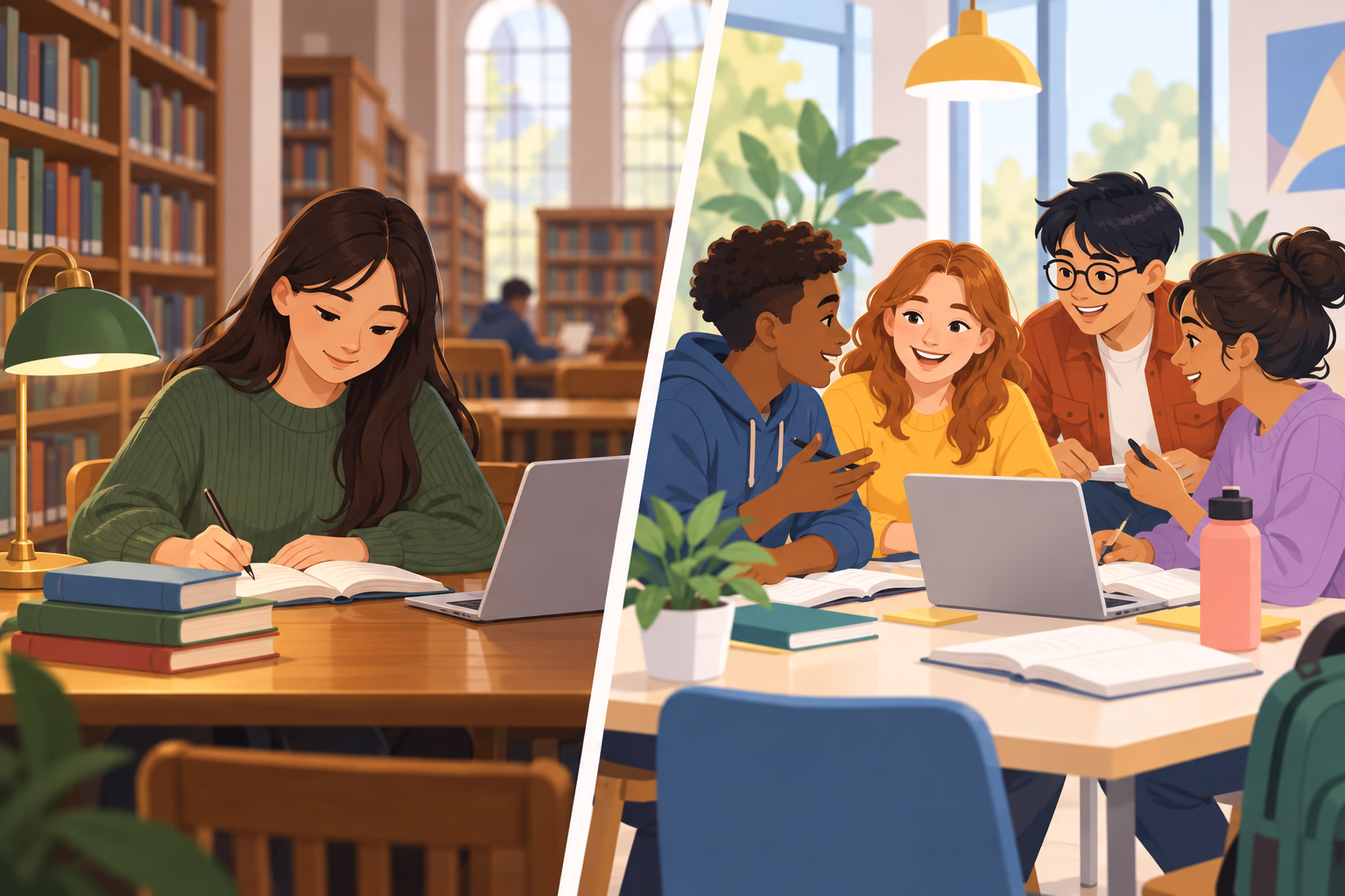 One student studying alone in a library beside a group studying together
