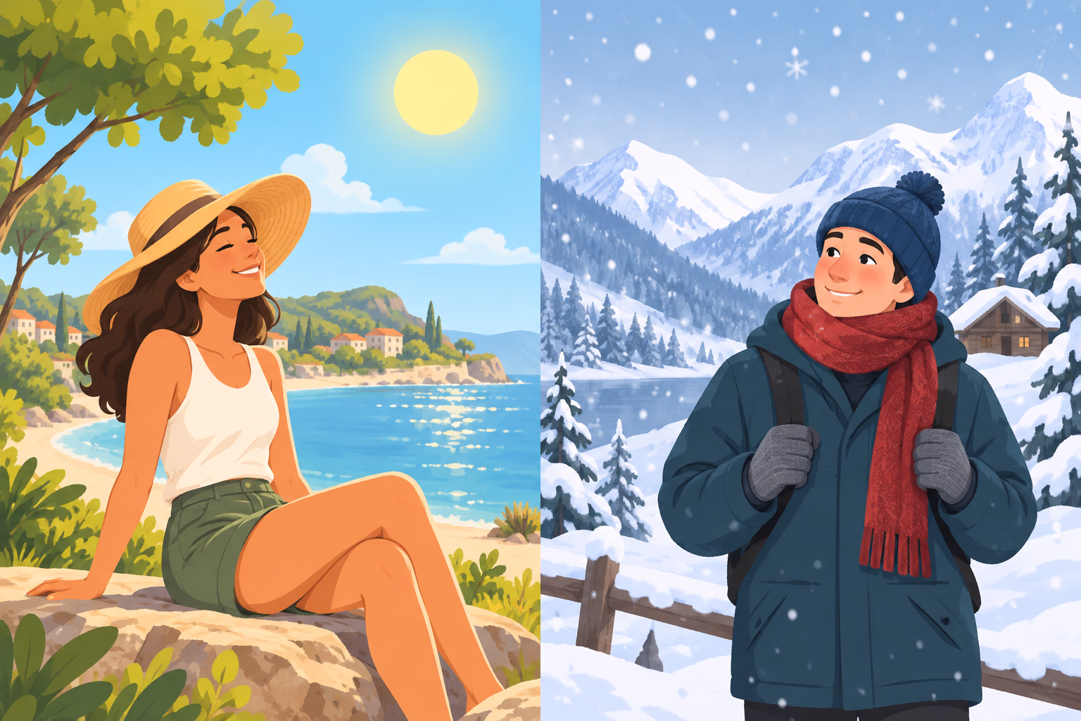A sunny summer beach beside a snowy winter mountain scene