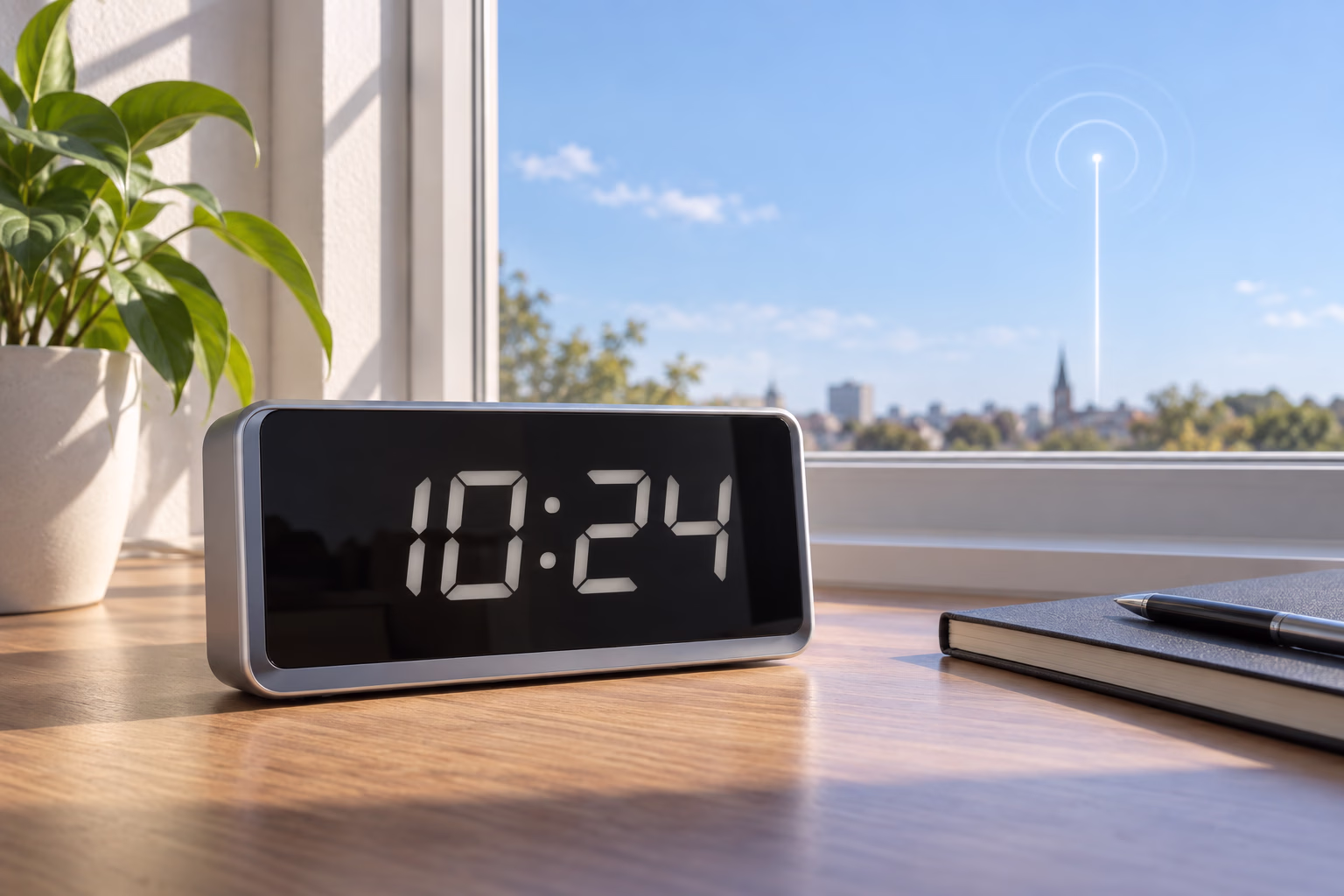 A digital clock with illuminated numerals sitting on a desk beside a window.