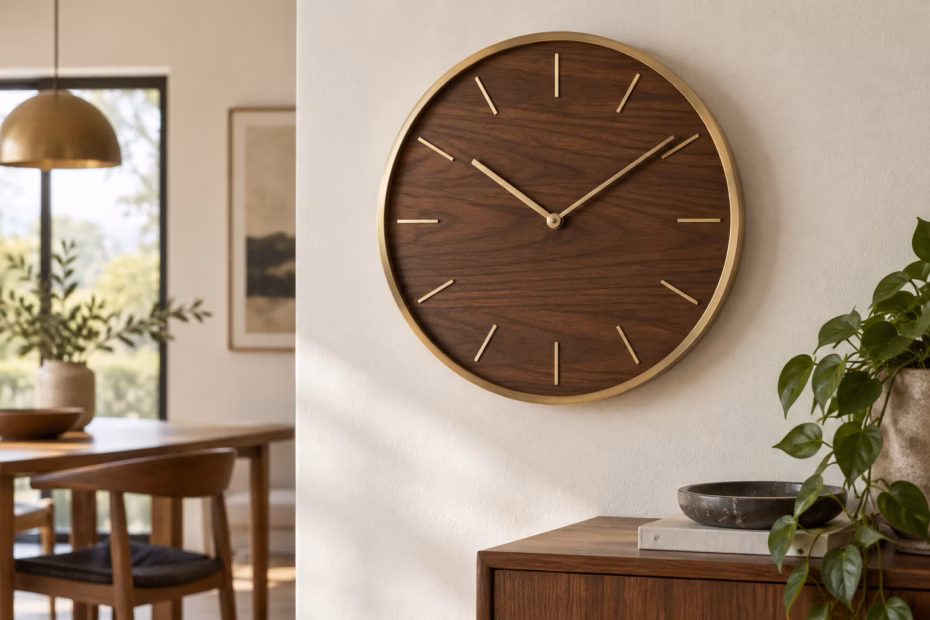 Modern wood wall clock and classic mantel clock illustrating different clock styles in a warm living room.