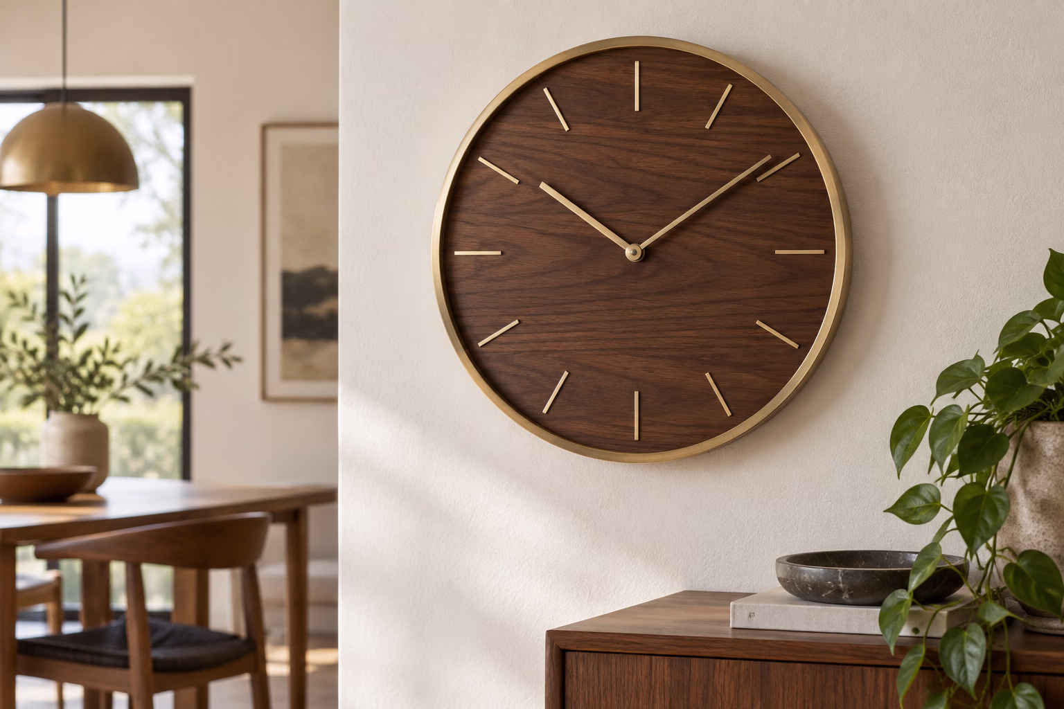 Modern wood wall clock and classic mantel clock illustrating different clock styles in a warm living room.