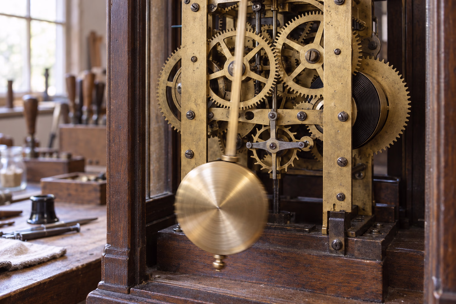 Exposed brass gears and pendulum inside a traditional mechanical clock.