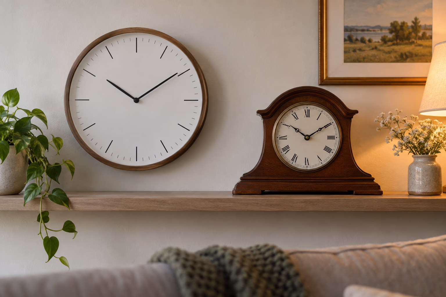 A simple modern analog wall clock and a traditional mantel clock displayed together.