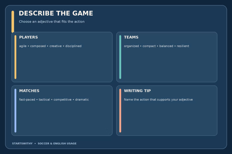 Soccer adjectives grouped by subject: agile and composed players, organized and compact teams, and fast-paced or hard-fought matches.