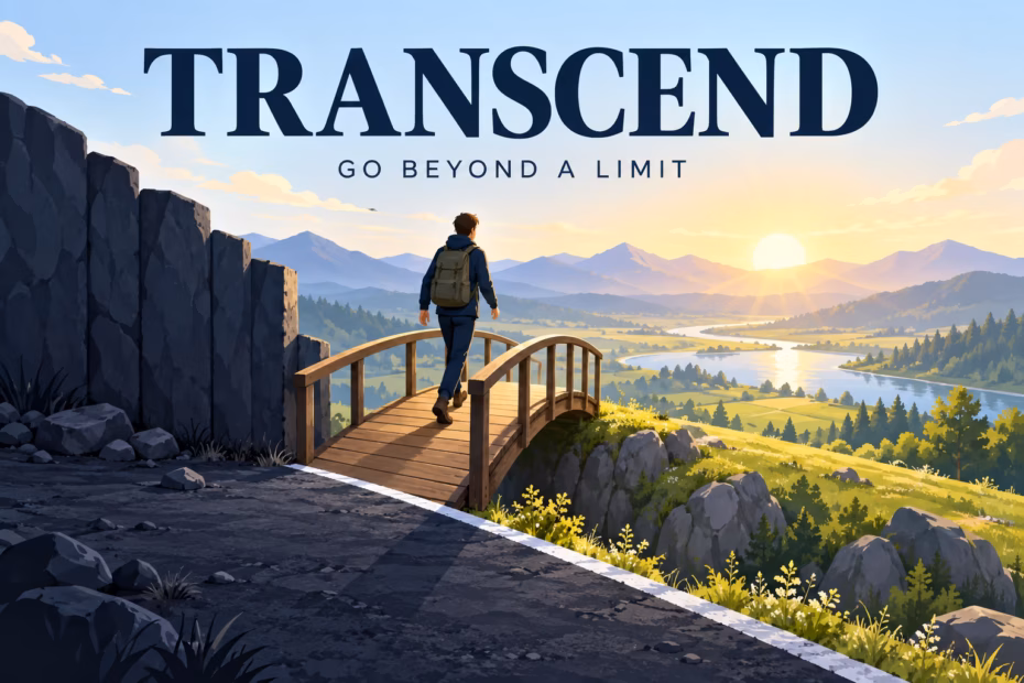 A person crosses a footbridge over a boundary into a wide sunrise landscape, illustrating transcend as going beyond a limit.