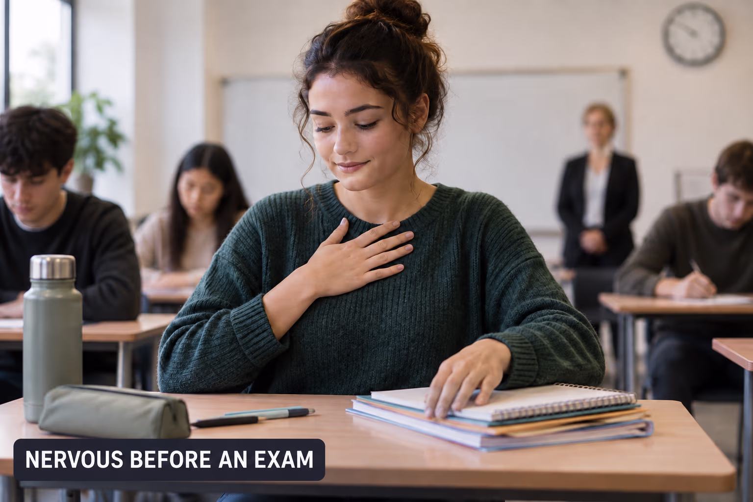 A student organizing notes before an exam