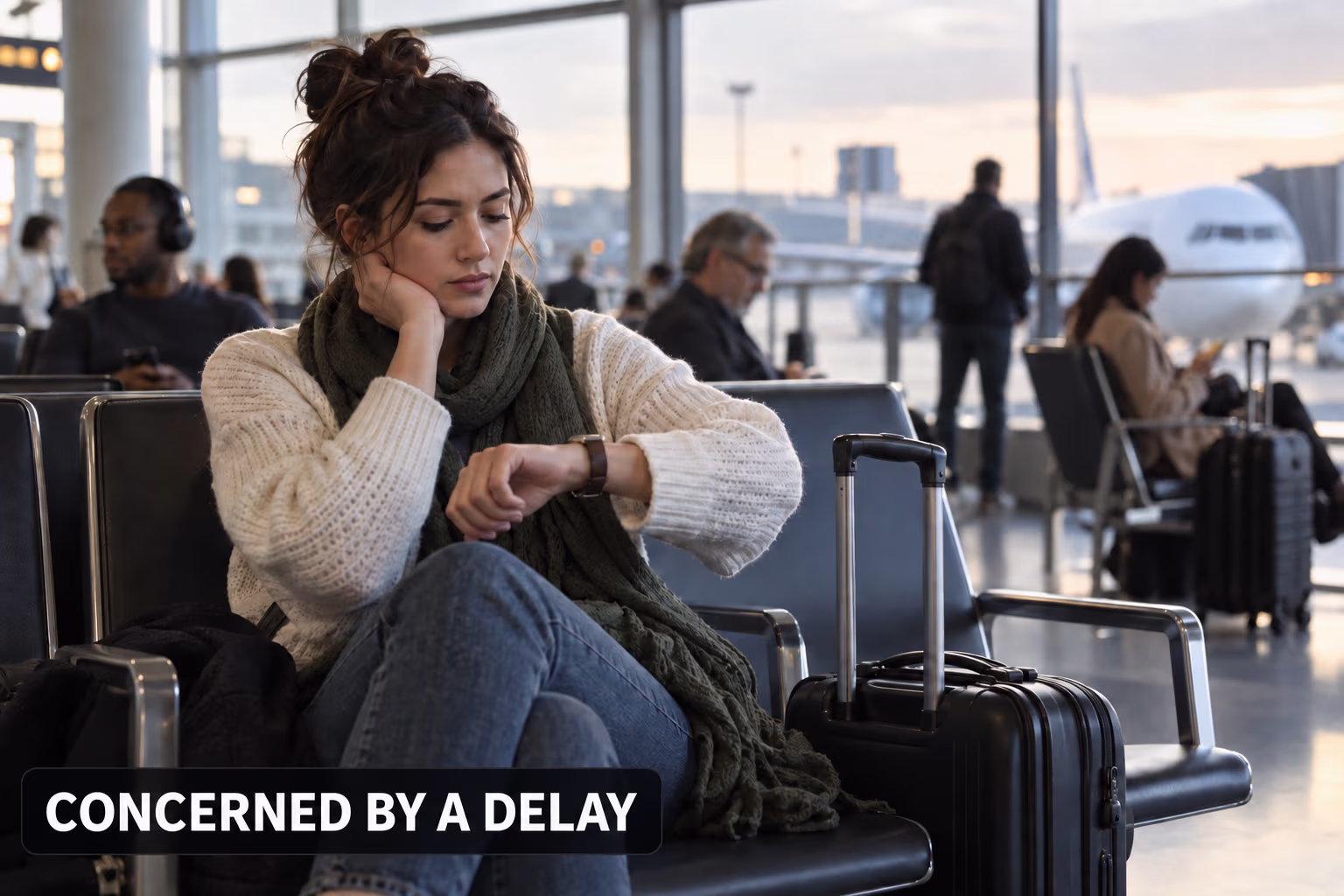A traveler checking a delayed flight at an airport gate