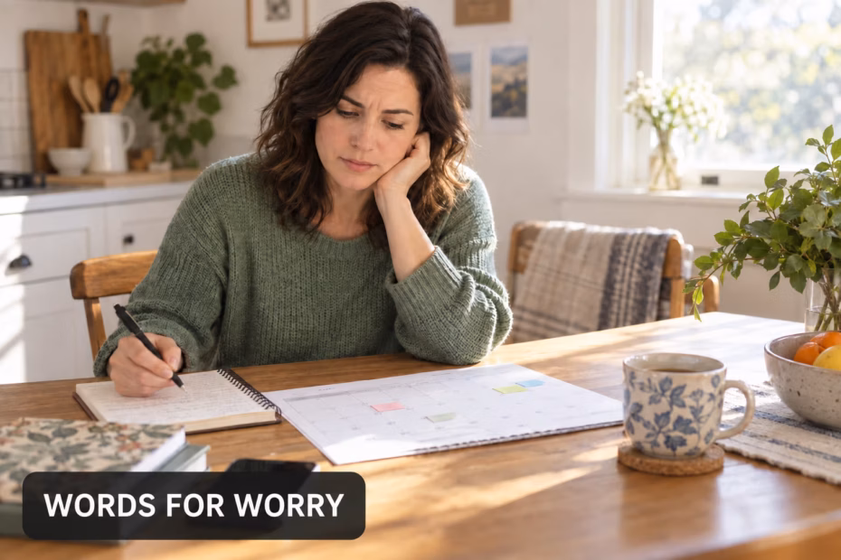 A person reviewing a planner while reflecting on a concern