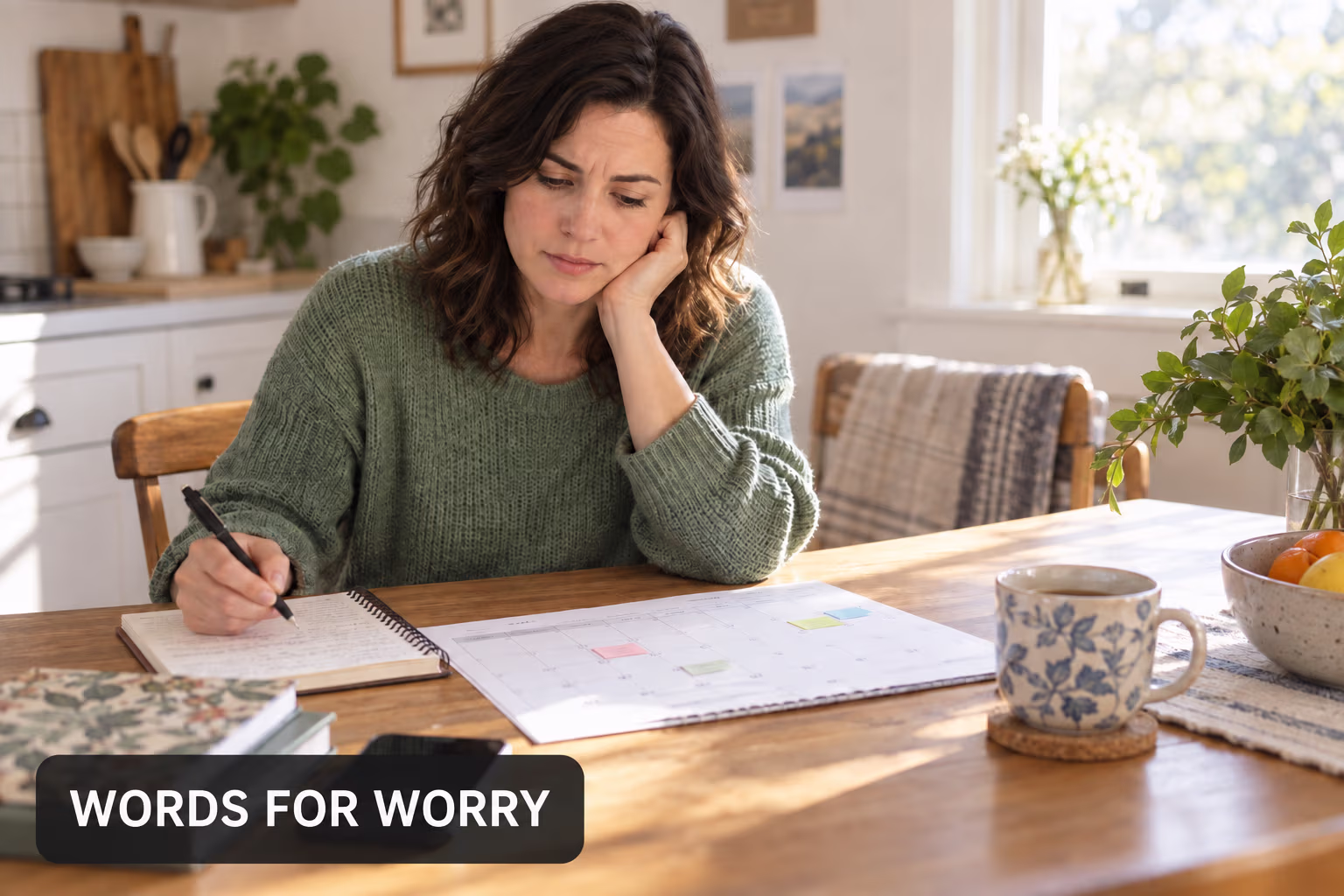 A person reviewing a planner while reflecting on a concern