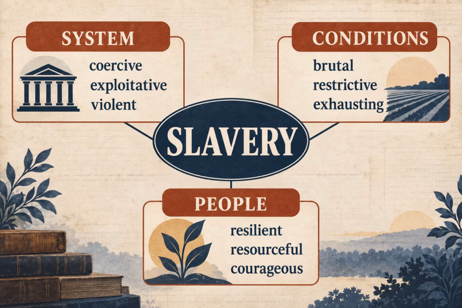 Slavery adjectives grouped by subject: coercive and exploitative systems, brutal conditions, and resilient, resourceful people.