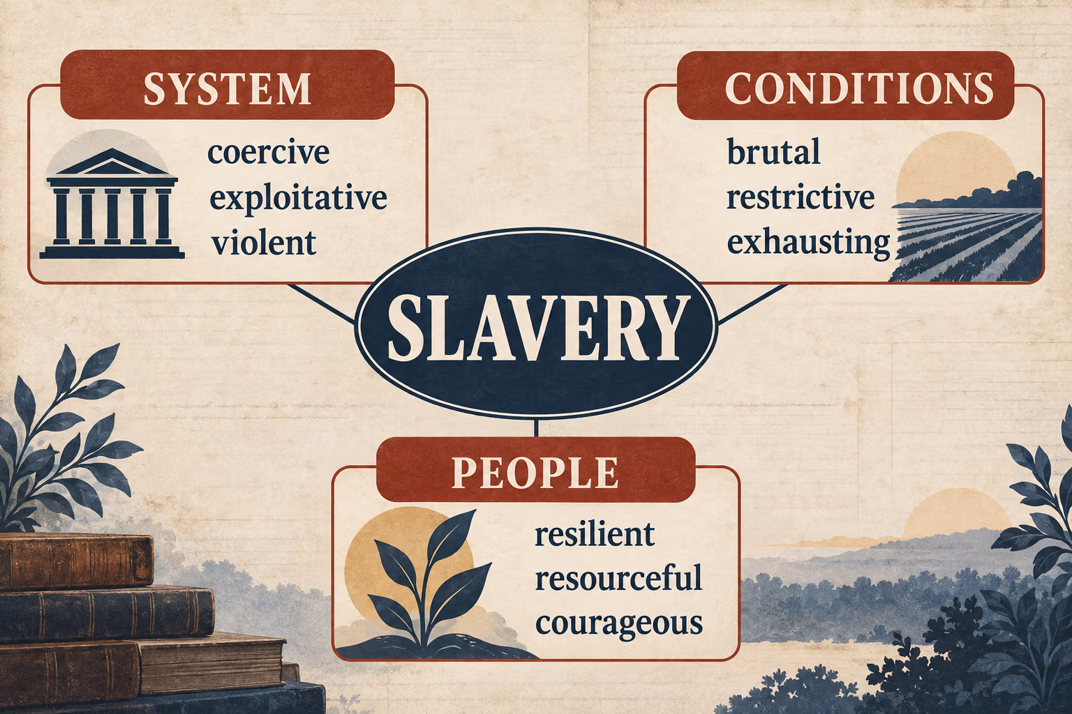 Slavery adjectives grouped by subject: coercive and exploitative systems, brutal conditions, and resilient, resourceful people.