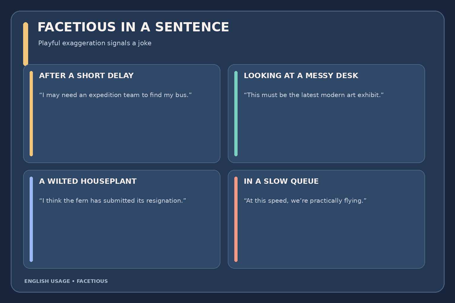 Four original facetious sentence examples: claiming a tiny delay needs an expedition, calling a messy desk modern art, joking that a plant has resigned, and calling a long queue a fast lane.