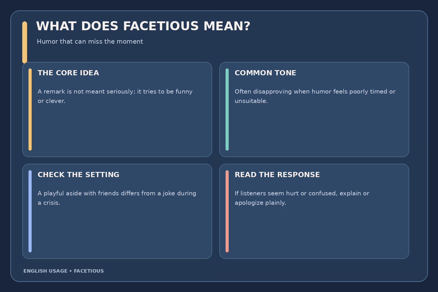 Facetious meaning guide: a joke about a serious subject may sound witty but can be inappropriate, so context and tone matter.