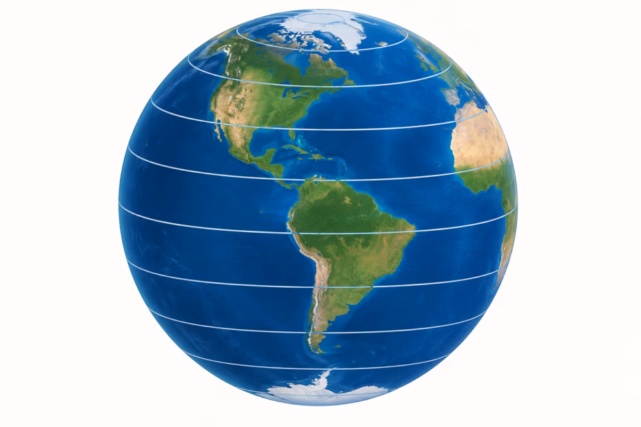 Globe with east-west latitude parallels showing the Equator and north-south position.