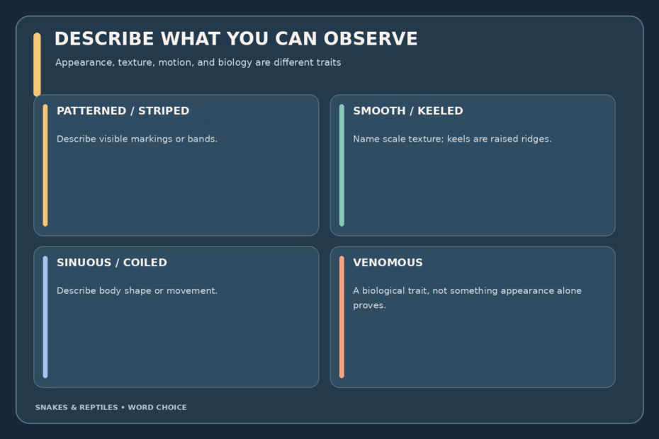 Snake adjective guide: use patterned or striped for appearance, keeled or smooth for scale texture, and sinuous for movement; venomous is a biological trait, not a visual one.