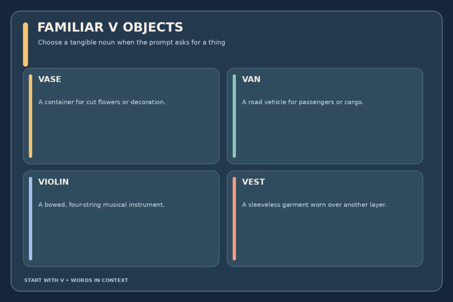 Quick V object examples: vase for flowers, van for transport, violin for music, and vest for clothing; choose a tangible noun for a strict object list.