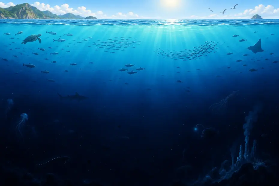 Illustration of the ocean descending from a sunlit surface into dark blue depths, representing deep water.