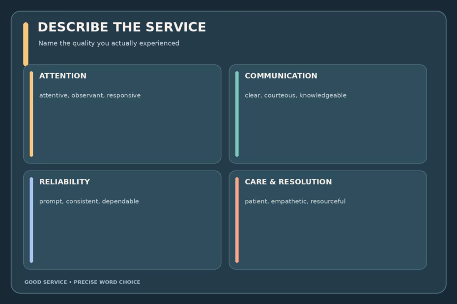 Good service adjective guide organized by attention, communication, reliability, care, and resolution, with examples of words for each quality.